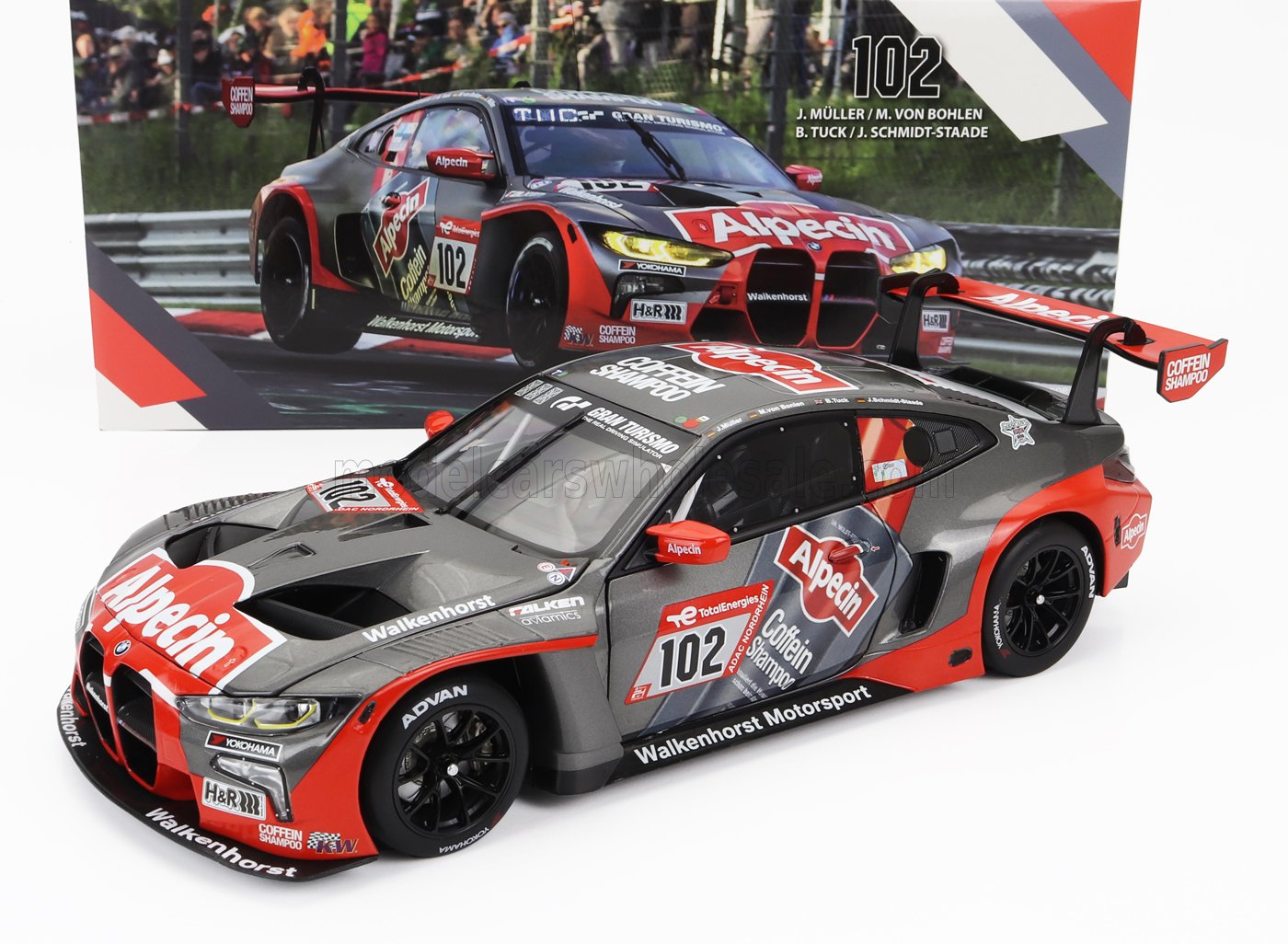 Modèle réduit de voiture de course BMW Walkenhorst Motorsport avec livrée Alpecin Coffein Shampoo, disponible sur Vroomi
