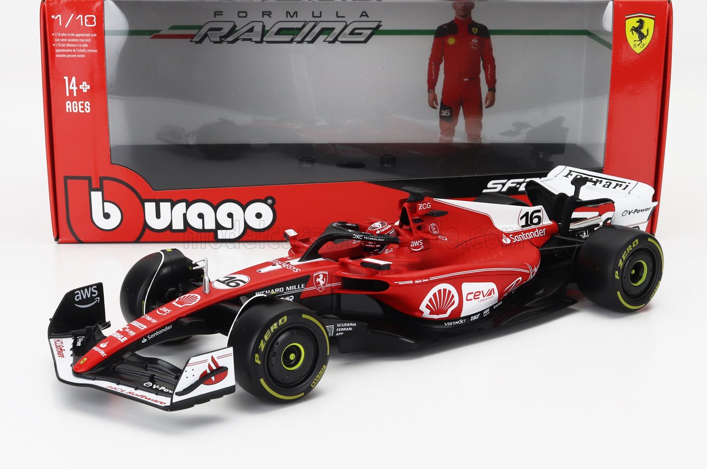 Modèle réduit de Ferrari Formule 1 rouge à l'échelle 1:18, numéro 16, avec marquage détaillé, disponible sur Vroomi.