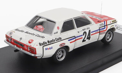 Modèle réduit de voiture de rallye classique Radio Monte Carlo blanche avec le numéro 24 et les autocollants des sponsors, présenté sur un socle d'exposition, proposé sur Vroomi.