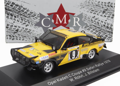 Yellow Opel Kadett C Coupe model rally car #9 Safari Rally 1976 with sponsor decals, available via Vroomi