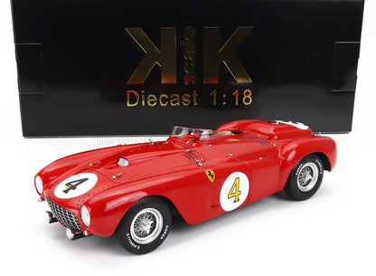 Modèle réduit de voiture de course Ferrari classique rouge à l'échelle 1:18 avec le numéro 4, disponible sur la plateforme Vroomi.