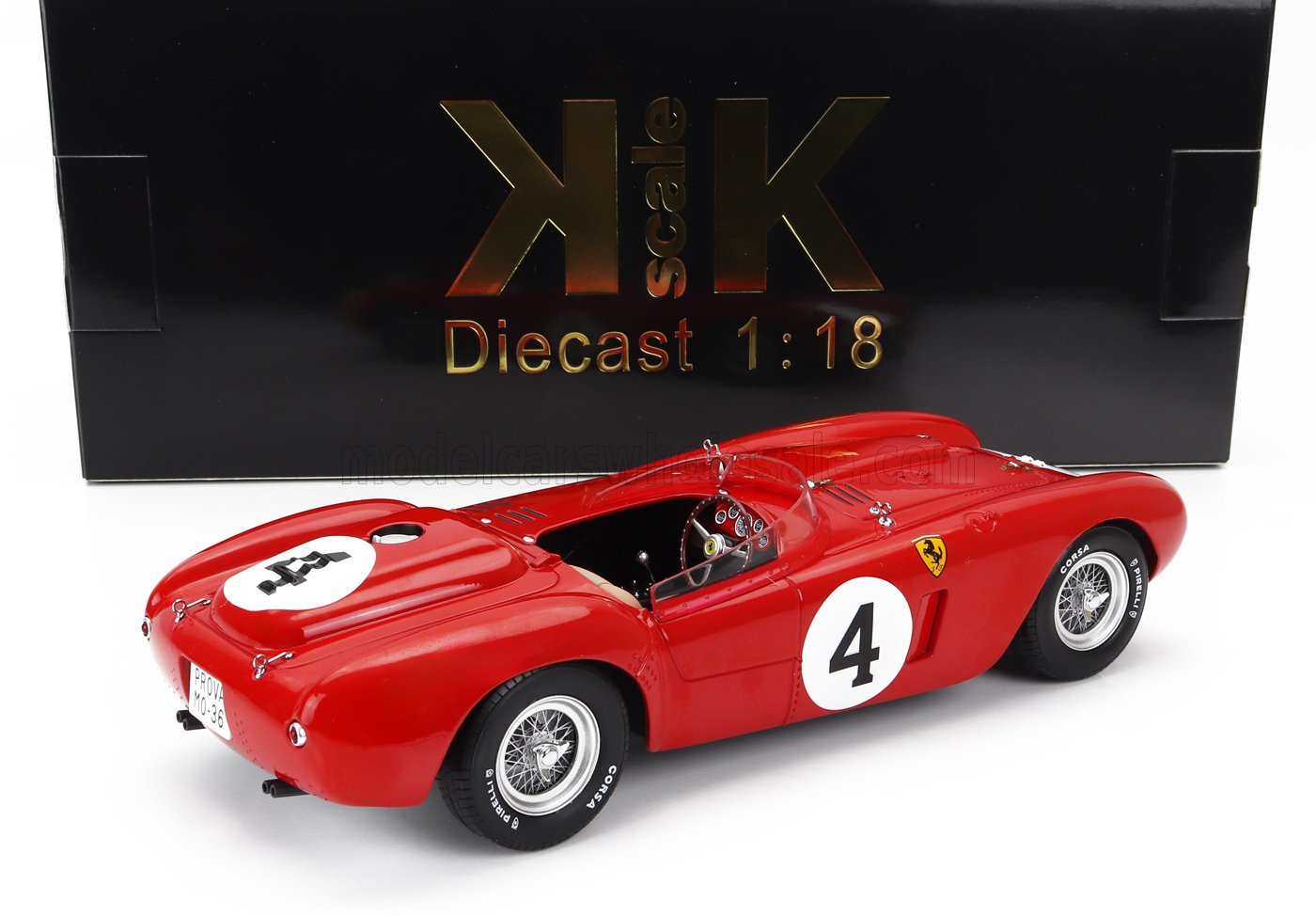 Modèle réduit de voiture de course Ferrari rouge à l'échelle 1:18 avec le numéro 4, disponible sur Vroomi.