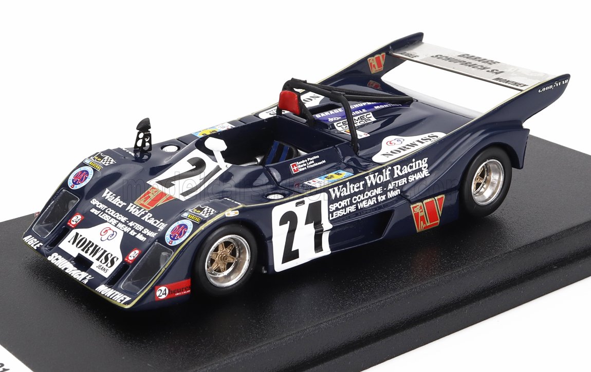 Modèle réduit bleu foncé de la voiture de course Walter Wolf Racing numéro 21 présenté sur un socle noir, proposé sur Vroomi.