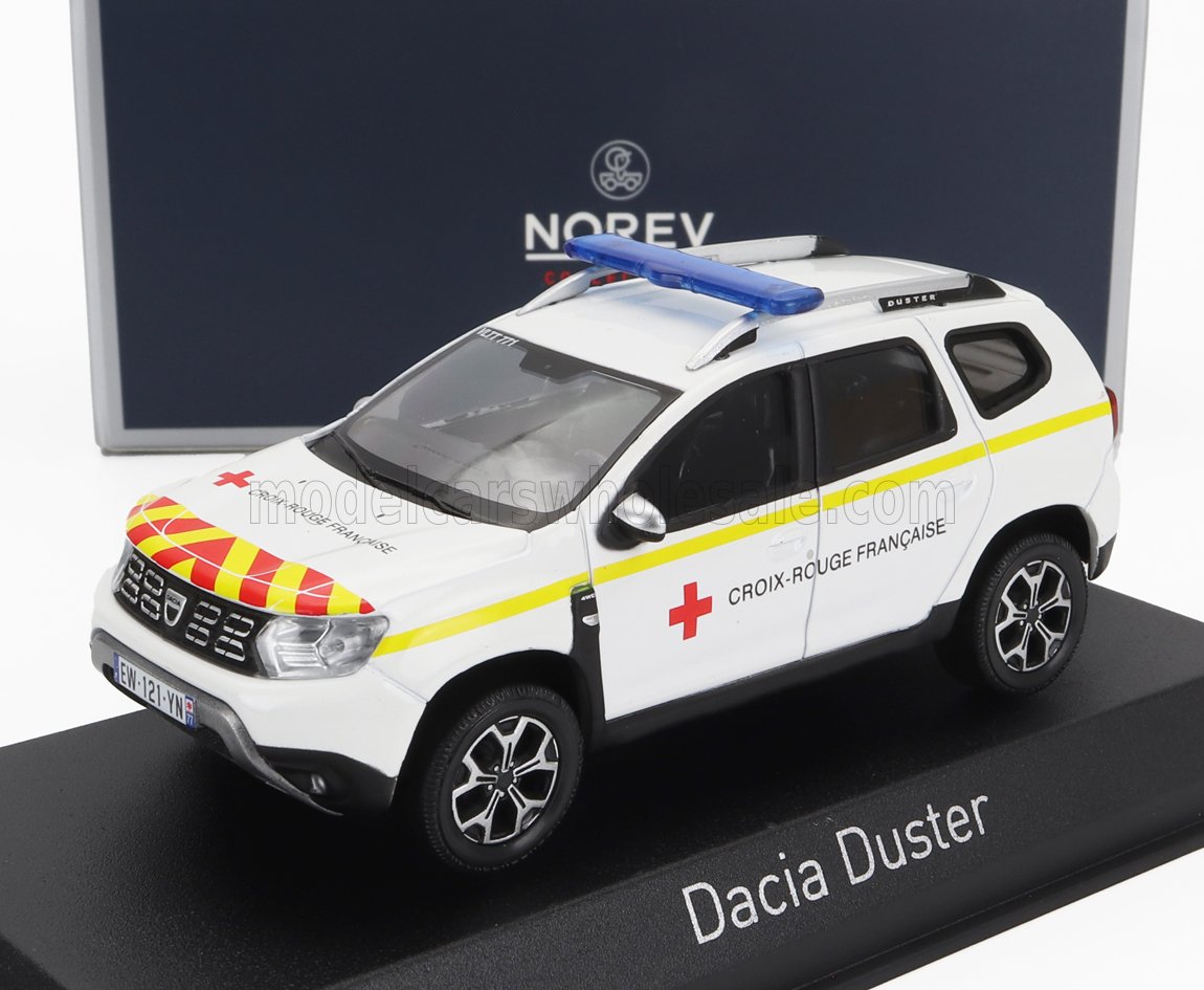 Modèle Dacia Duster Croix-Rouge Française blanc avec croix rouge, bandes jaunes et gyrophare bleu, disponible sur Vroomi.