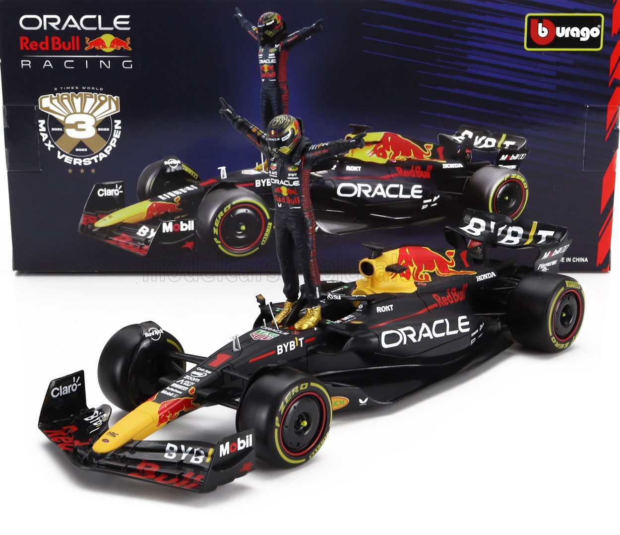 Modèle réduit de la voiture de F1 Oracle Red Bull pilotée par Max Verstappen, avec figurine du pilote en train de célébrer sa victoire, disponible sur Vroomi.