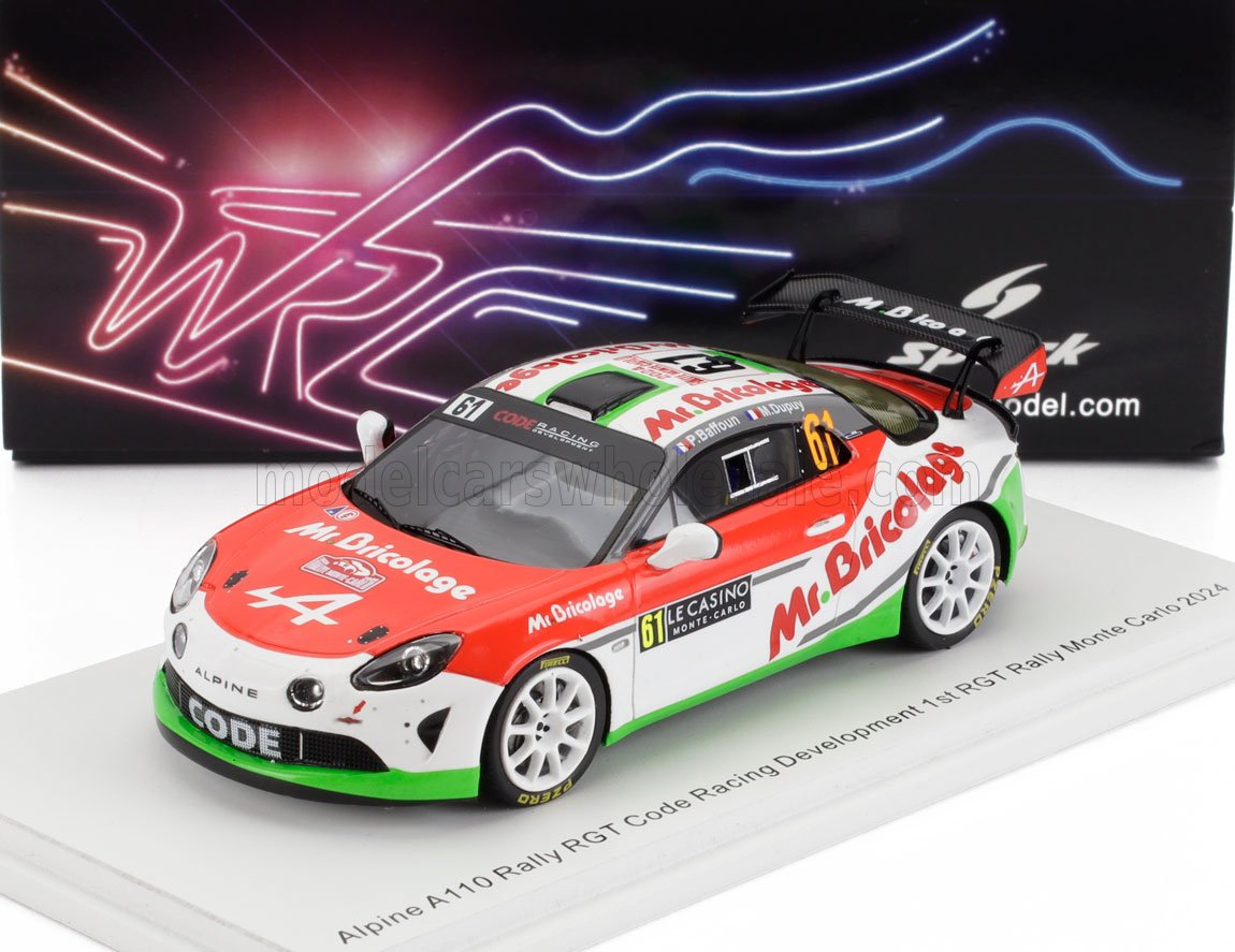 Modèle réduit Alpine Rally avec livrée rouge, blanche et verte et logo Mr. Bricolage, présenté sur Vroomi.