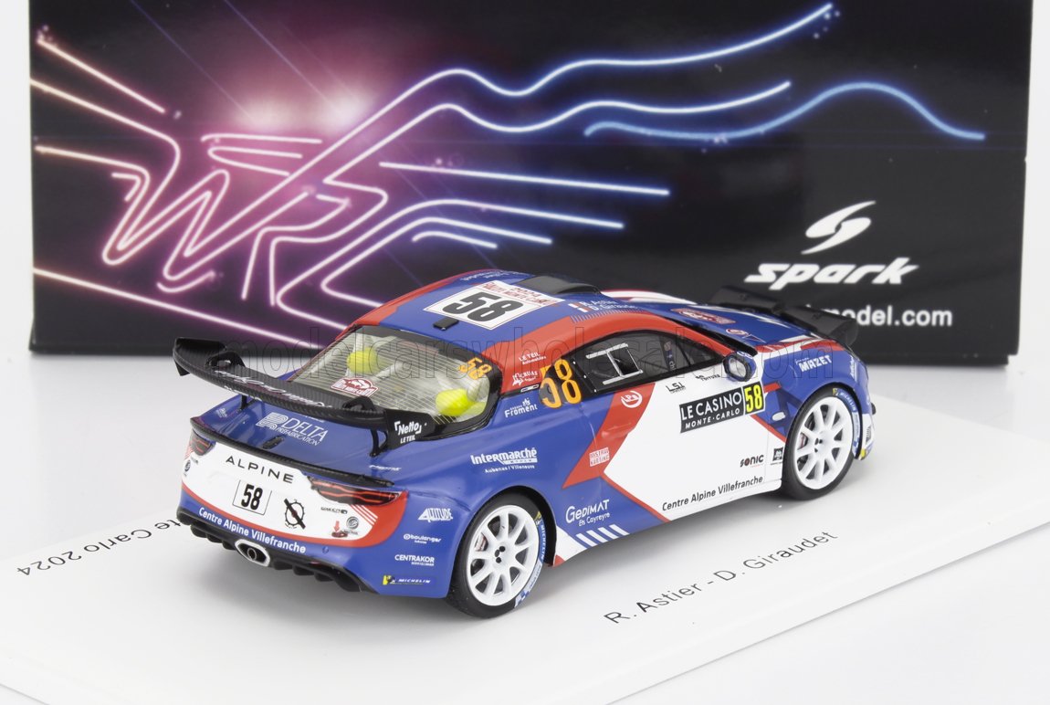 Modèle réduit de voiture Alpine n° 58 bleu, rouge et blanc avec logos des sponsors, présenté avec la marque Spark, proposé sur la plateforme Vroomi.