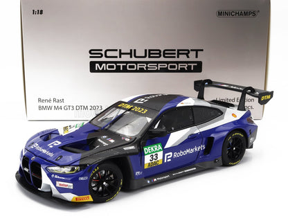 Modèle réduit à l'échelle 1:18 de la voiture de course BMW M4 GT3 de Schubert Motorsport avec livrée RoboMarkets, désormais disponible sur Vroomi.