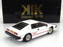 Modèle réduit de voiture White Lotus Turbo Esprit à l'échelle 1:18 avec roues dorées, présenté dans une boîte KK Scale noire, disponible chez Vroomi.