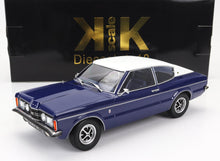 Modèle réduit de voiture Ford Taunus GXL bleu et blanc à l'échelle 1:18 disponible sur Vroomi