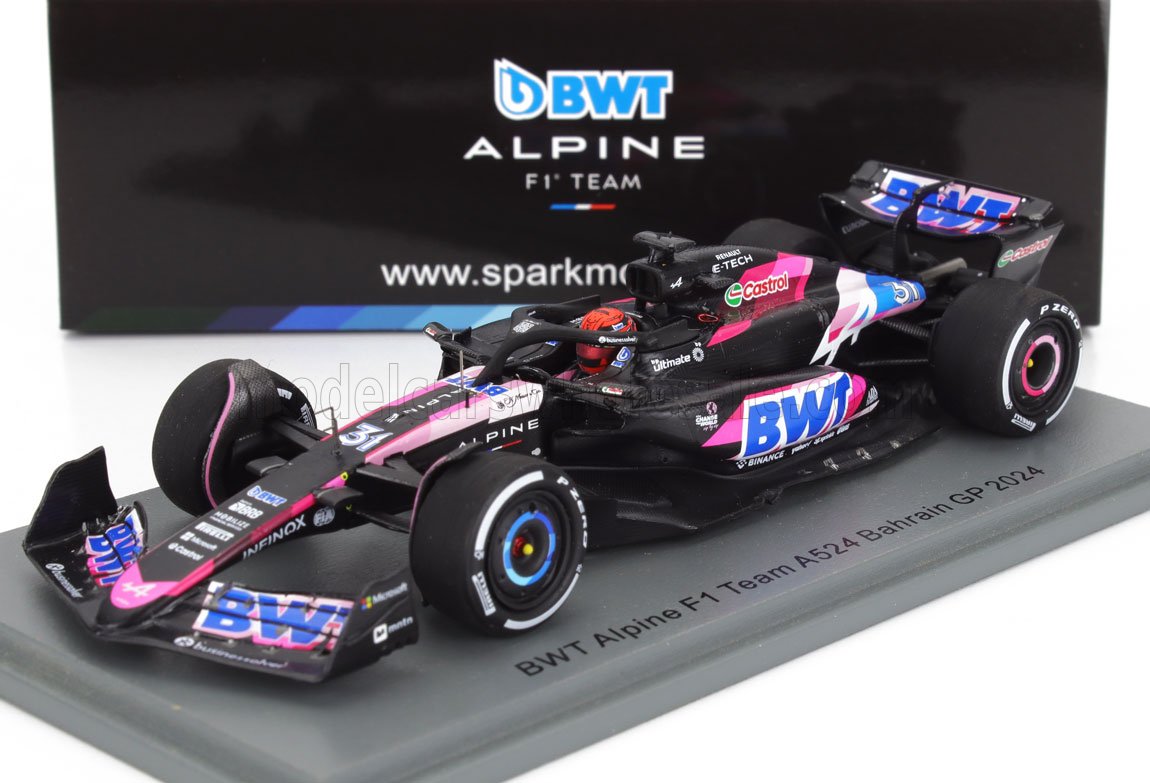Modèle réduit BWT Alpine Team A524 GP Bahreïn 2024 avec logo rose et bleu, disponible sur Vroomi