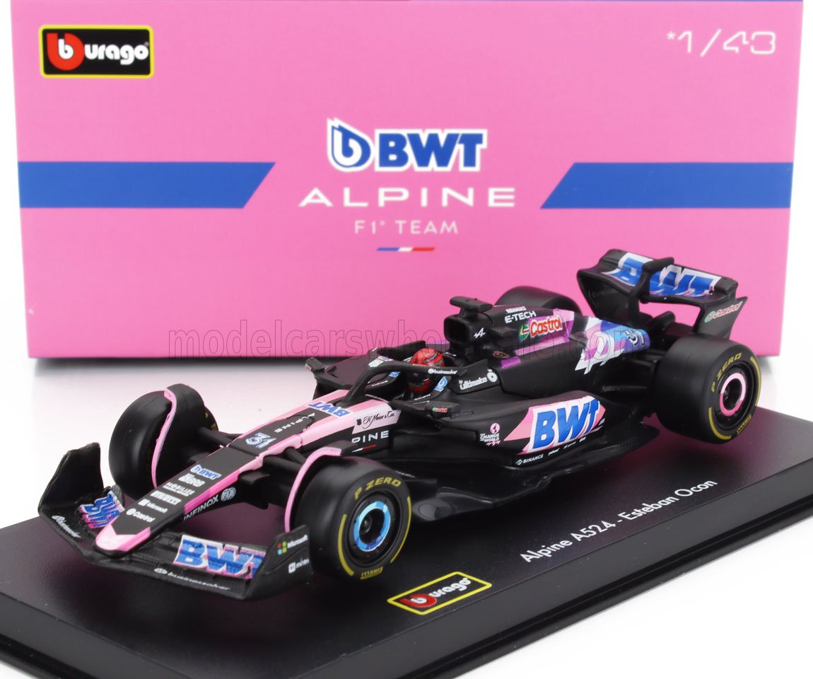 Modèle réduit à l'échelle 1/43 de la BWT Alpine F1 d'Esteban Ocon, noir et rose, disponible sur Vroomi replica.