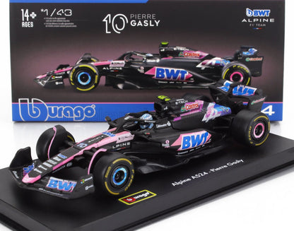 Modèle réduit de voiture de Formule 1 Alpine Pierre Gasly à l'échelle 1/43 de Bburago, avec les logos BWT et Castrol, proposé sur Vroomi.