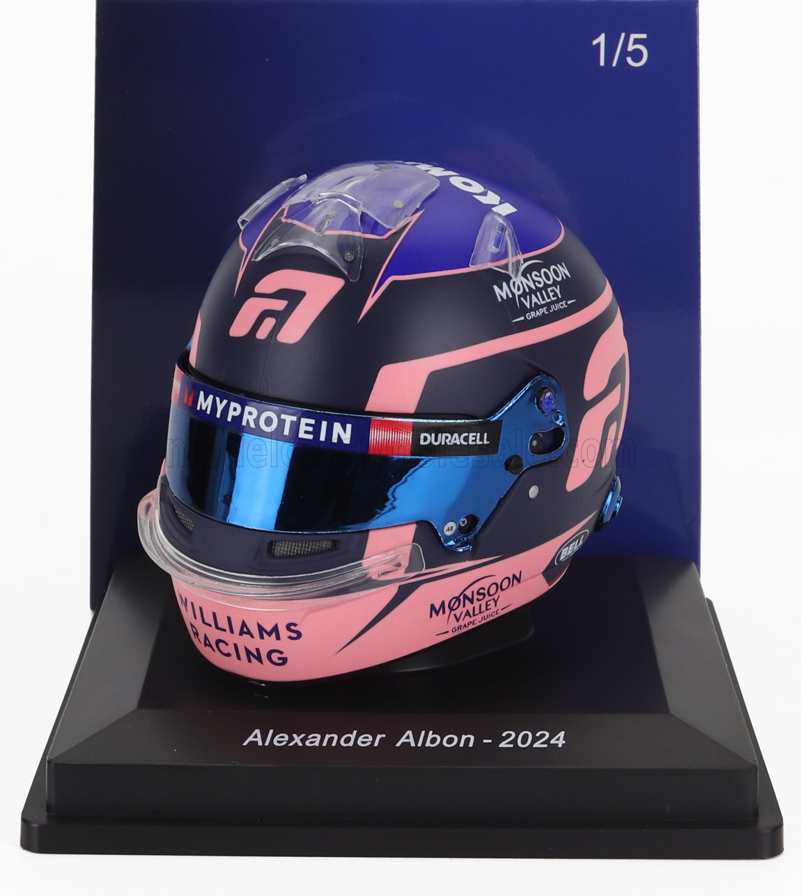 Réplique du casque F1 Williams Racing 2024 d'Alexander Albon avec visière bleue disponible sur Vroomi