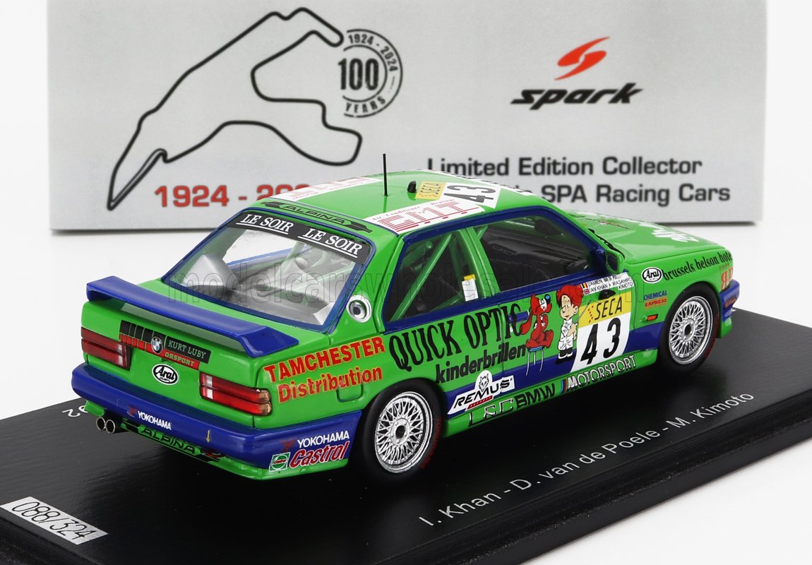 Modèle réduit de voiture de course BMW Alpina verte et bleue avec le numéro 43, sponsors détaillés, dans un coffret collector, disponible sur Vroomi.