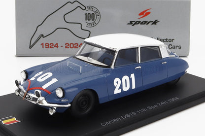 Maquette réduite de la Citroën DS19 1964 bleue et blanche, numéro 201, disponible chez Vroomi.