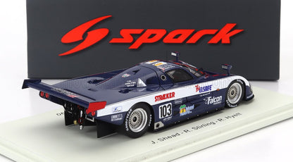 Modèle réduit de voiture de course bleu et blanc avec logos des sponsors et numéro 103, présenté sur un socle blanc avec la marque Spark, proposé sur Vroomi.