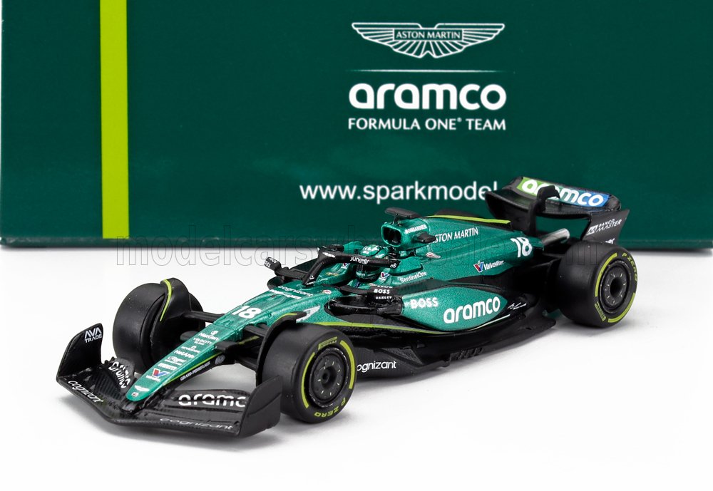Modèle réduit de voiture de Formule 1 Aston Martin sponsorisée par Aramco, design détaillé vert et noir, disponible sur Vroomi.