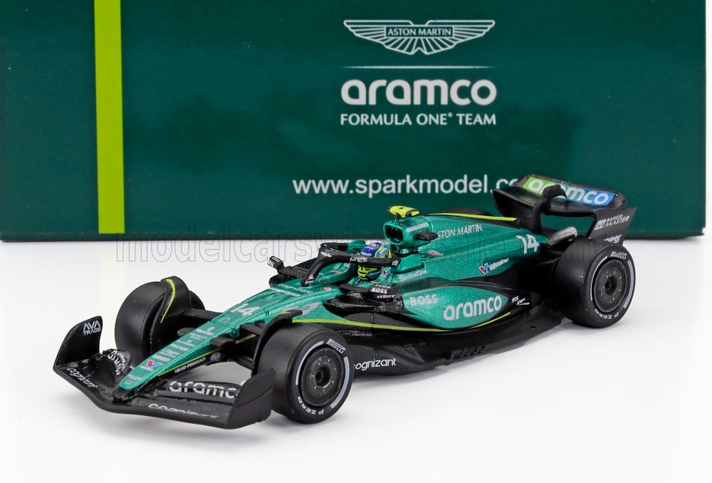 Modèle réduit Aston Martin Aramco Formula One vert et noir, avec logos des sponsors, disponible sur Vroomi.