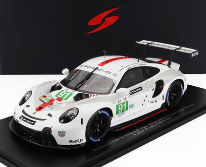 White Porsche 911 RSR-19 race car model 91 PRO with sponsor logos, displayed on branded base, available on Vroomi