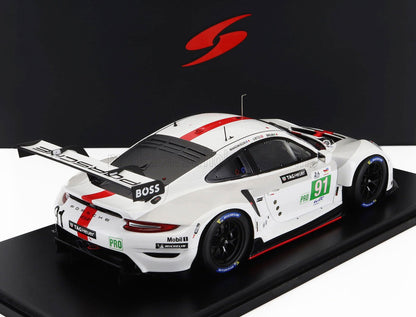 White Porsche 911 RSR race car model with red stripe and number 91, displayed on black stand, available via Vroomi
