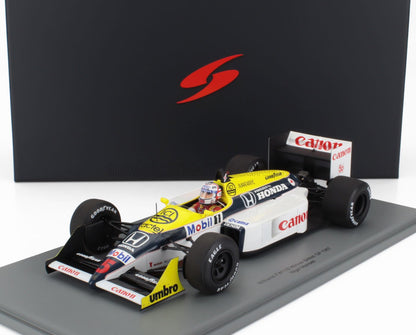 Modèle réduit de voiture de Formule 1 Williams FW11B 1987 avec moteur Honda, marque Canon, présenté sur un socle d'exposition, disponible sur Vroomi.