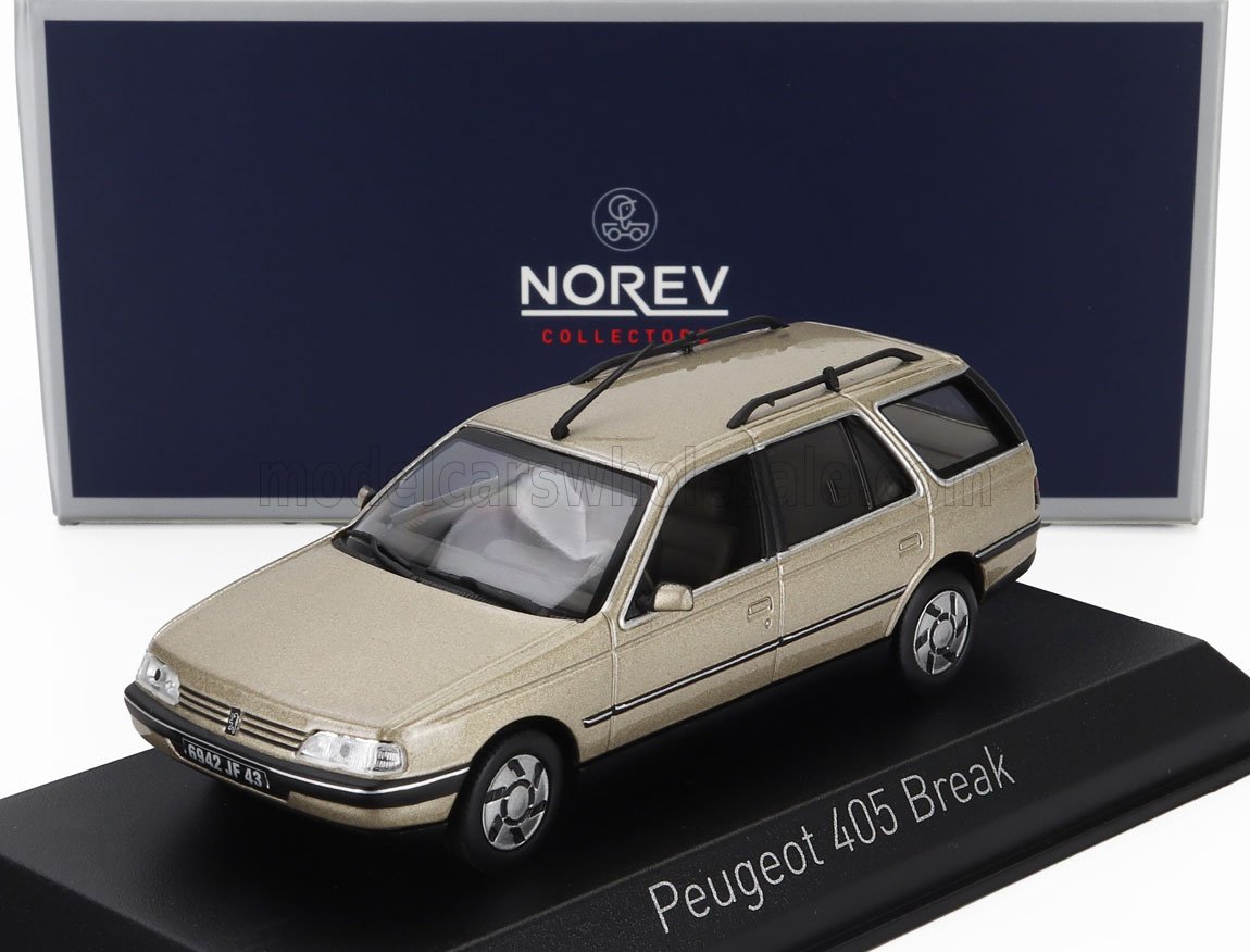 Modèle réduit en métal moulé sous pression d'une Peugeot 405 Break beige sur socle d'exposition par Norev Collectors, disponible sur Vroomi.