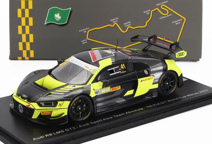 Modèle réduit Audi R8 LMS GT3 avec livrée jaune et noire, Audi Sport Asia Team, Macao 2023, disponible sur Vroomi