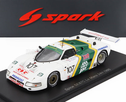 Modèle réduit de voiture de course Spice blanche et verte du Mans 1990 exposé, disponible sur Vroomi