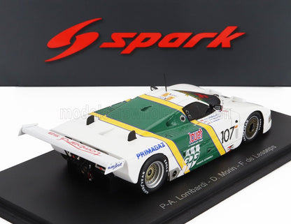 Modèle réduit de voiture de course blanche et verte portant le numéro 107, présenté sur la plateforme Vroomi.