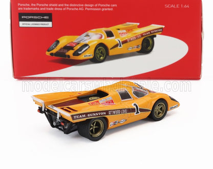 Modèle réduit Porsche 917 jaune à l'échelle 1:64 avec livrée Team Gunston, disponible sur Vroomi