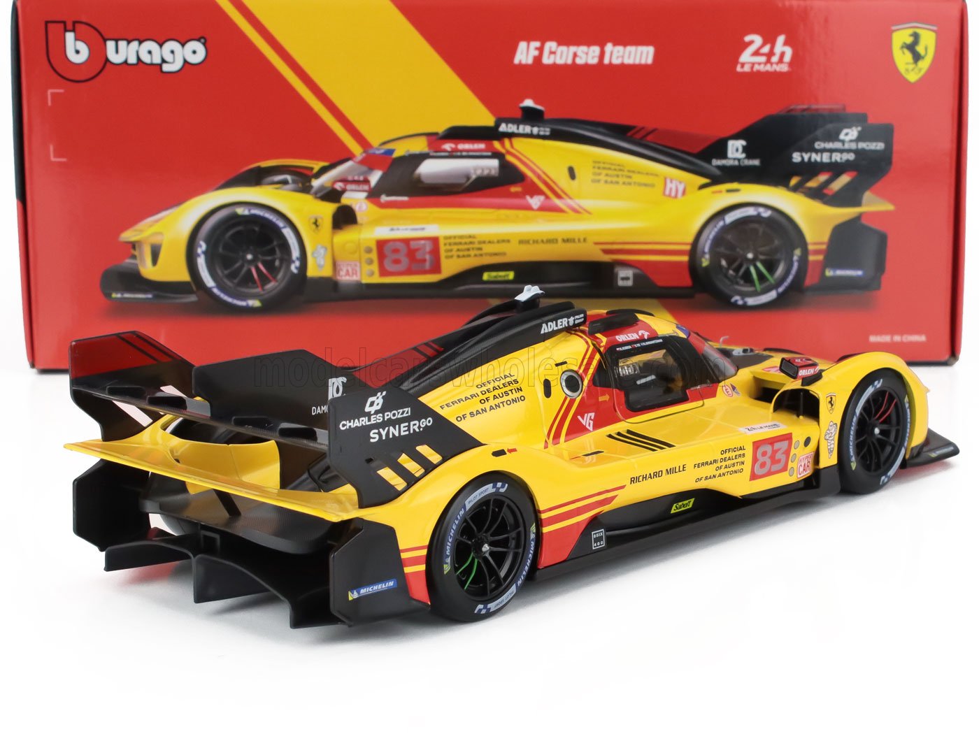 Yellow and red Ferrari race car model 83 by Bburago with detailed decals, shown in front of matching box, available on Vroomi