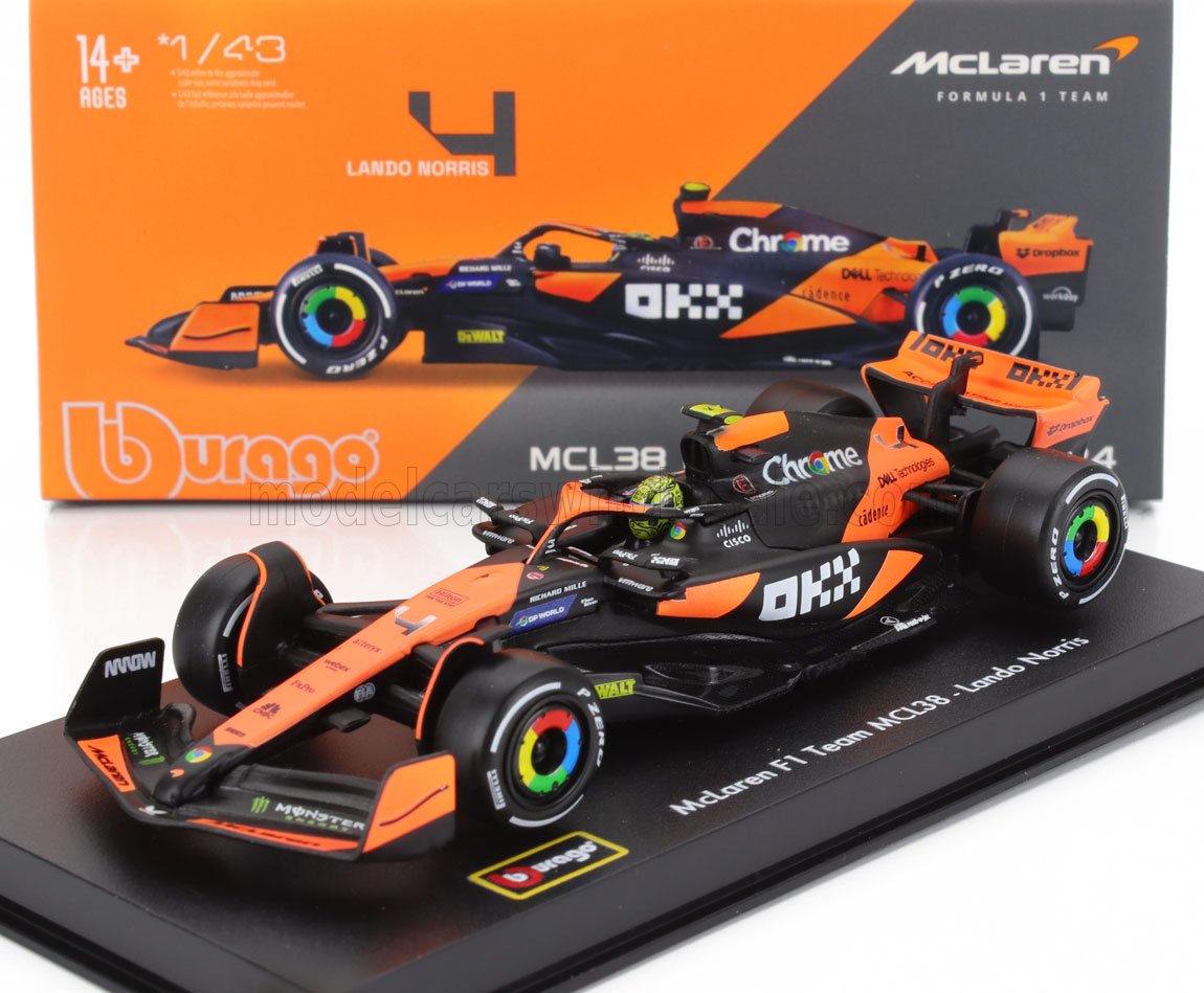 Miniature de voiture de course McLaren F1 Team MCL38 Lando Norris, noire et orange, disponible sur Vroomi