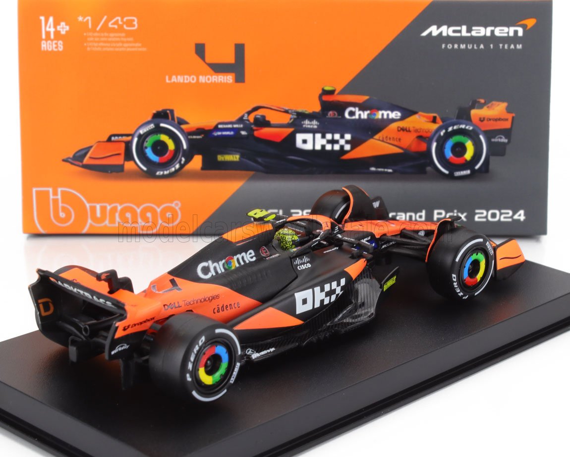 Modèle réduit de voiture McLaren F1 à l'échelle 1:43 par Lando Norris, avec un design orange et noir éclatant, disponible sur Vroomi.
