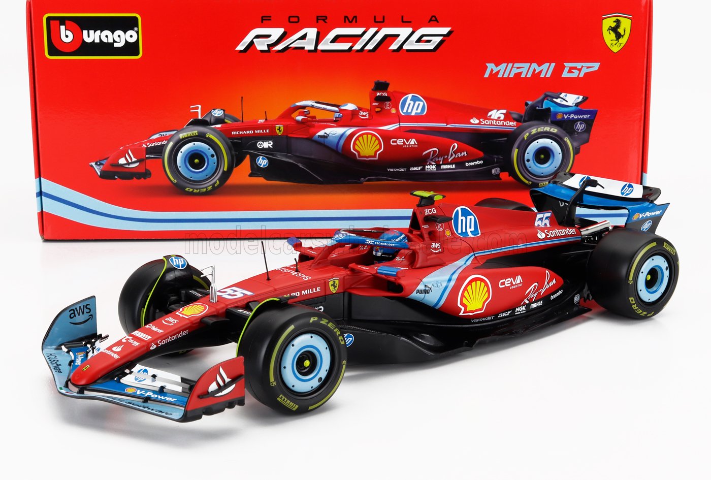 Modèle réduit de voiture de Formule 1 Ferrari Miami GP Bburago rouge avec logos des sponsors, présenté sur Vroomi