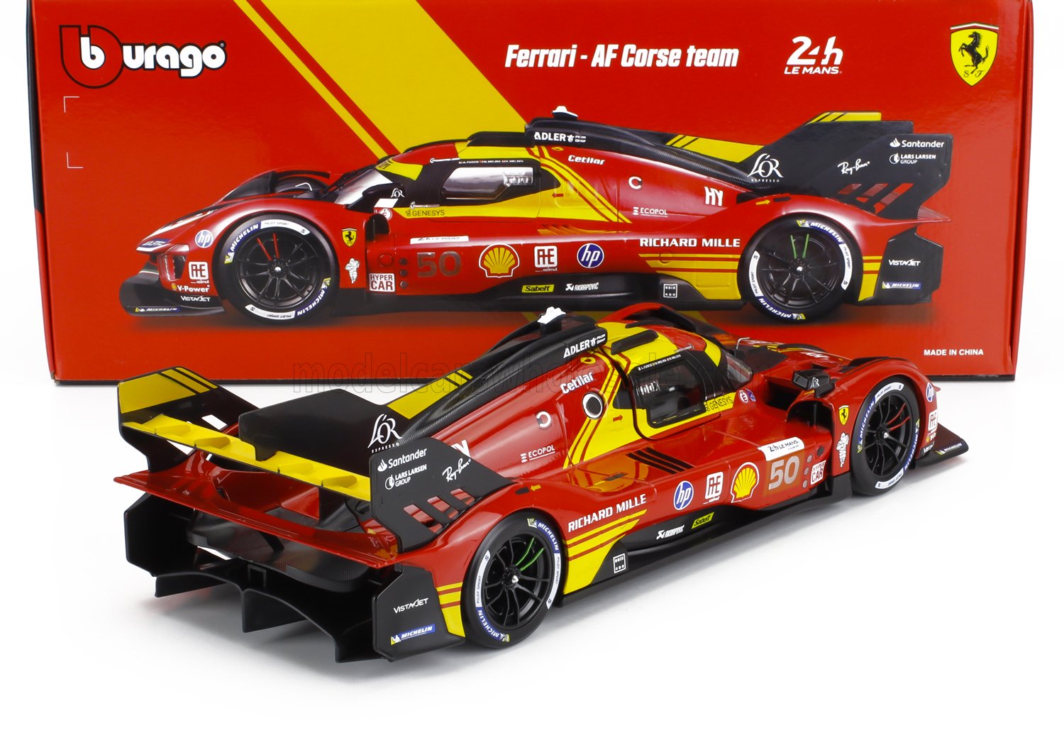 Modèle réduit de voiture de course Burago Ferrari AF Corse Team 24h Le Mans à l'échelle 1:18 avec livrée rouge et jaune, disponible sur Vroomi.