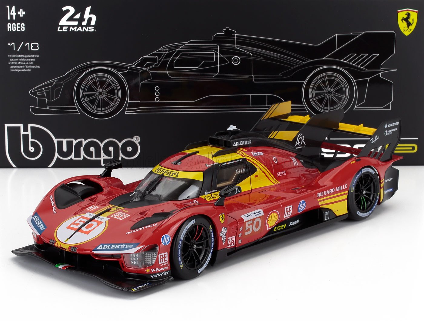 Modèle réduit de voiture de course Ferrari 499P Le Mans à l'échelle 1:18 par Bburago avec livrée rouge et jaune détaillée, disponible sur Vroomi