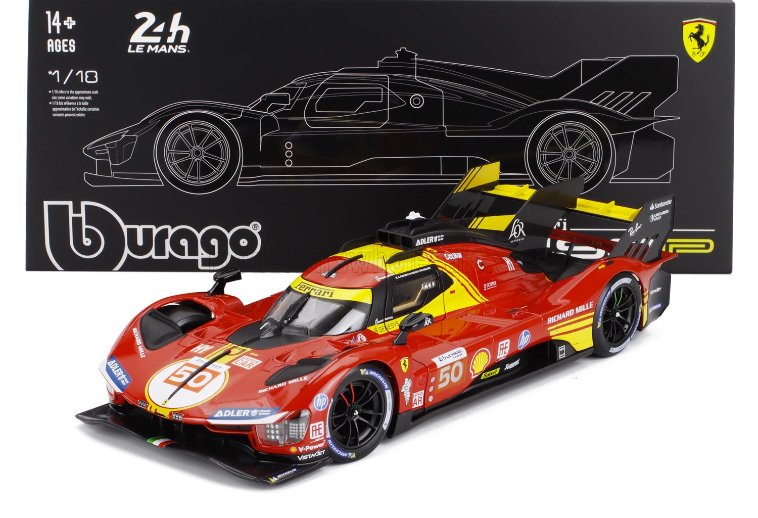 Modèle réduit de voiture de course Ferrari 499P à l'échelle 1/18, rouge et jaune, par Bburago, disponible sur Vroomi.