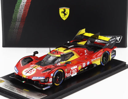 Modèle réduit détaillé de la voiture de course Ferrari 499P rouge et jaune avec logos des sponsors, disponible sur la plateforme Vroomi style.