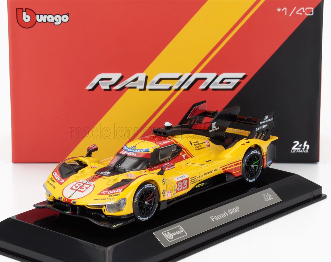 Modèle réduit de voiture de course Burago Ferrari 499P à l'échelle 1/43, jaune et rouge, présenté dans son emballage de marque, disponible sur Vroomi.
