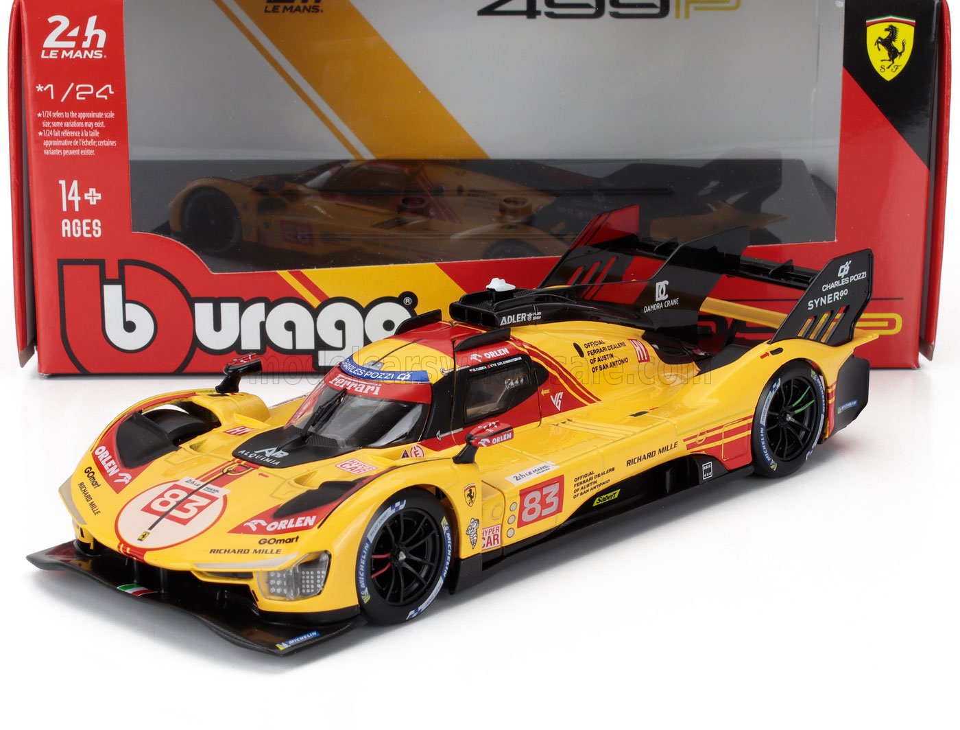 Modèle réduit de voiture de course Ferrari 499P Burago à l'échelle 1/24, jaune et rouge, disponible sur Vroomi