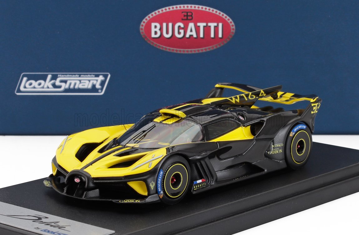 Modèle réduit Bugatti W16.4 jaune et noir exposé, proposé sur la plateforme Vroomi.