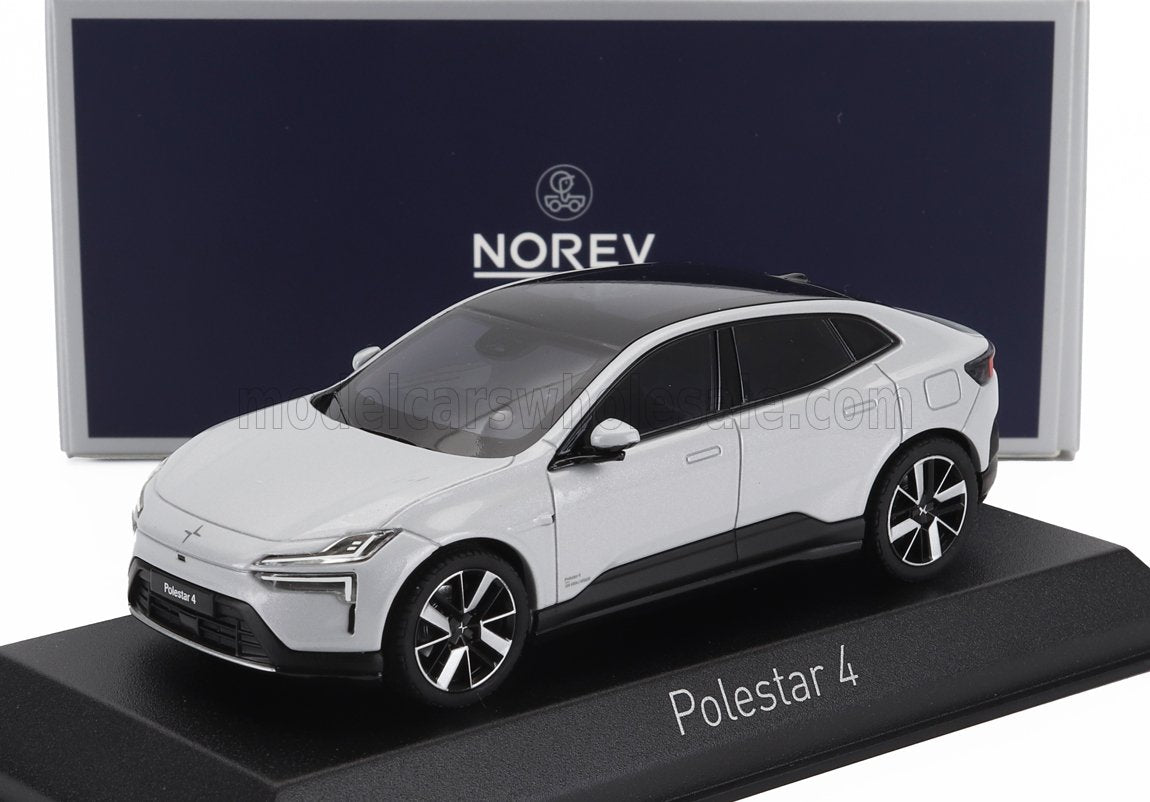 Modèle réduit de voiture Polestar 4 blanche sur socle avec boîte Norev, disponible sur la plateforme Vroomi