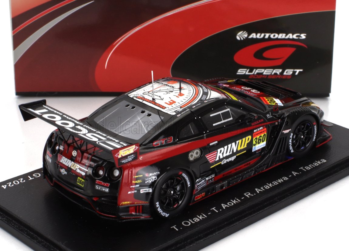 Modèle réduit de voiture de course GT3 RunUp noir et rouge avec logos des sponsors, présenté avec un coffret Super GT, disponible sur Vroomi.