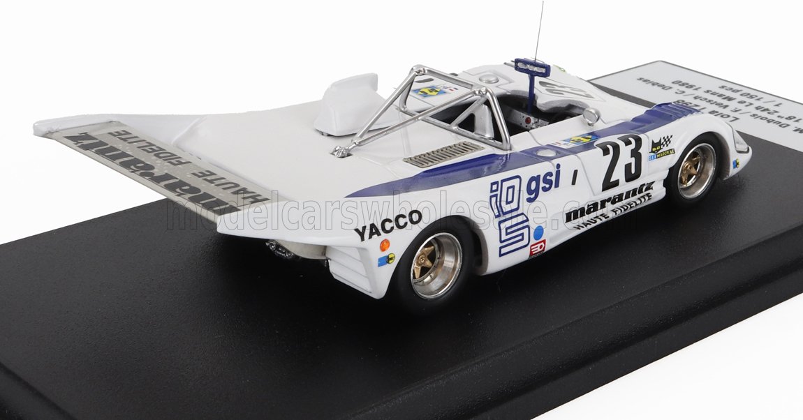 Modèle réduit de voiture de course vintage blanche et bleue avec le numéro 23 et les logos des sponsors, disponible sur Vroomi.