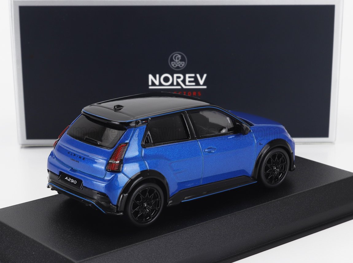 Modèle réduit Alpine bleu et noir sur socle d'exposition avec boîte collector Norev, disponible sur Vroomi.