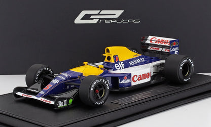 Maquette détaillée de la voiture de F1 Williams Renault FW14B avec les logos Canon et Goodyear, disponible via Vroomi.