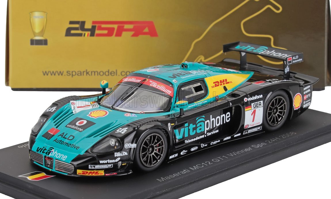 Maserati MC12 GT1 model car in black and teal with VITAphone branding, displayed with 24h Spa 2008 winner plaque, available on Vroomi