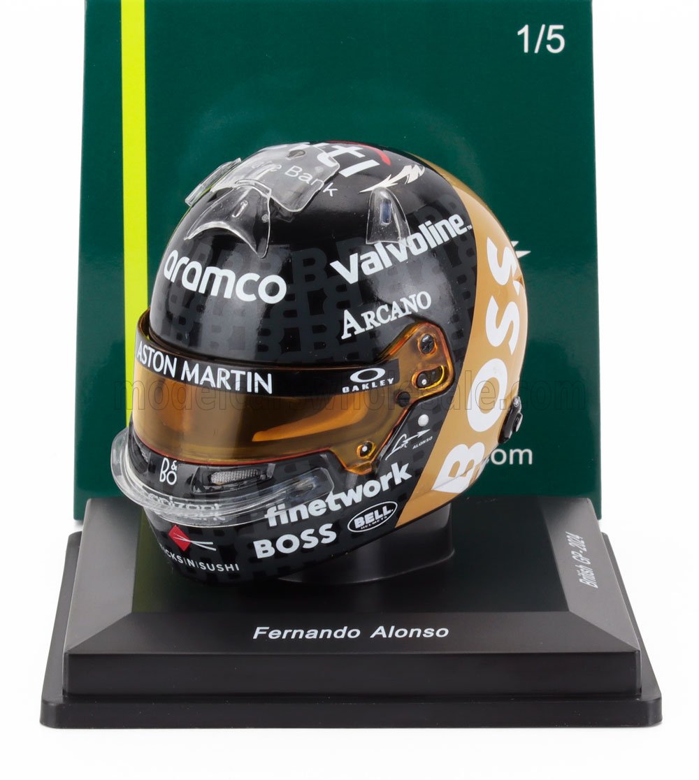 Casque de course miniature Fernando Alonso avec logos Aston Martin et sponsors, disponible sur Vroomi