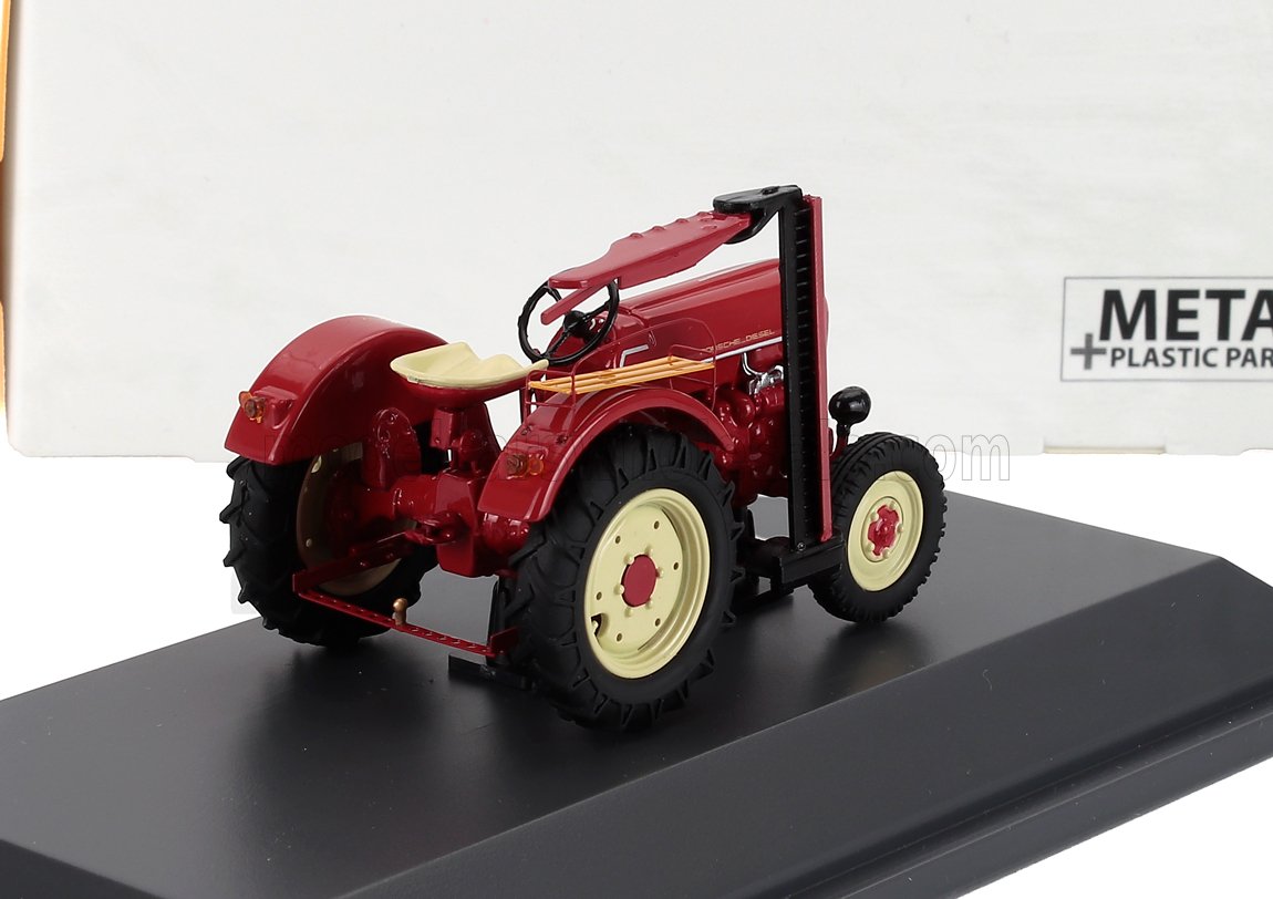 Modèle réduit Porsche Diesel tracteur vintage rouge à l'échelle 1/43 sur socle noir, disponible chez Vroomi